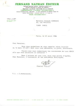 Solicitud de datos de contacto de Chantal Teillet a Eduardo Carrasco