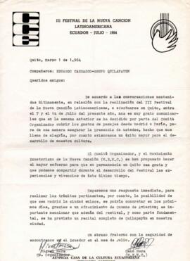 Información de Casa de la Cultura Ecuatoriana a Quilapayún sobre viaje a Ecuador