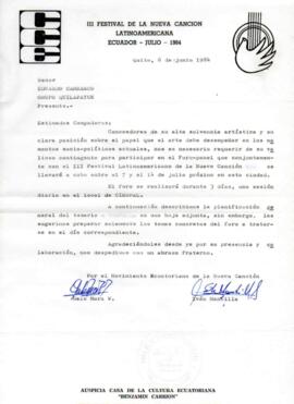 Invitación de Movimiento Ecuatoriano de la Nueva Canción a Quilapayún