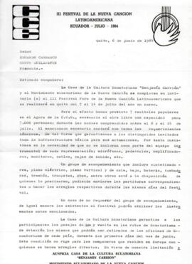 Información de Casa de la Cultura Ecuatoriana a Quilapayún sobre organización de Festival