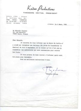 Información de Theodore Kritas a Eduardo Carrasco sobre cambio de fecha de festival en Atenas
