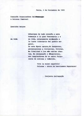 Mensaje en homenaje a Dolores Ibarruri, la Pasionaria